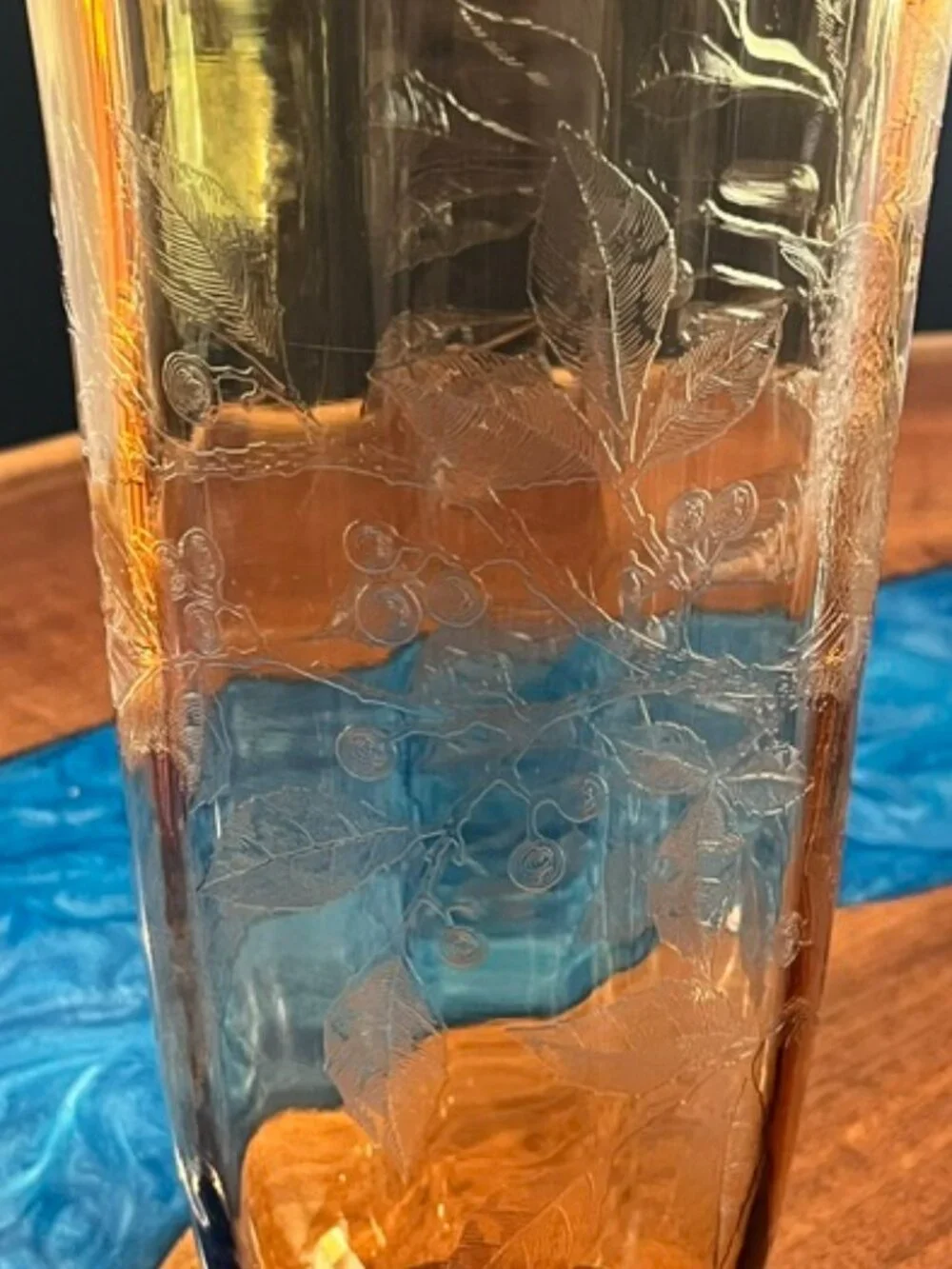 Cambridge Amber Etched Glass #717 Bird & Butterfly 13